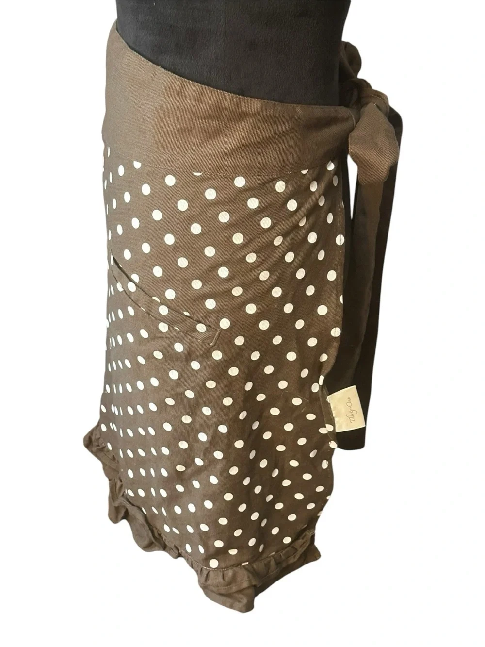 Thirty-One Brown Polka Dot Ruffle Half Apron Tie Waist